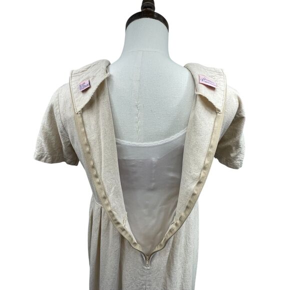 VTG 90s Tan Linen Maxi Dress XL Embroidered Vest Cottage Boho Prairie Teacher - Picture 6 of 8